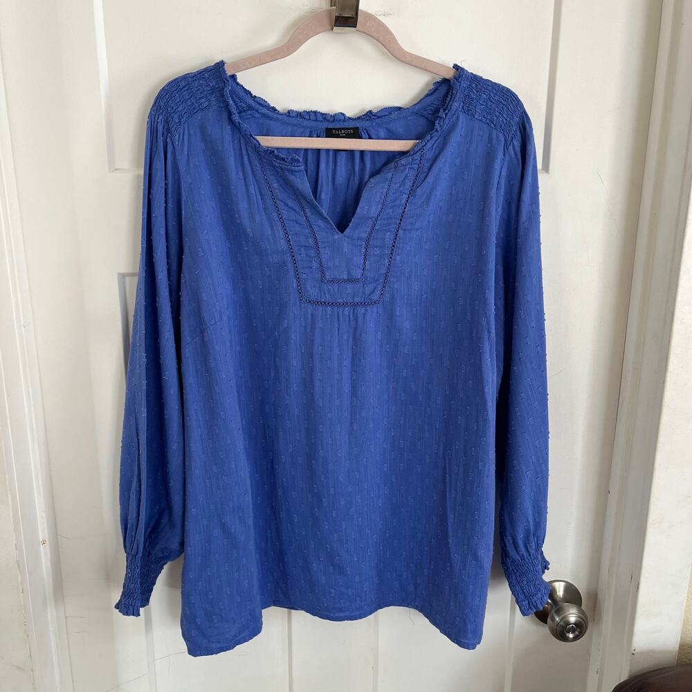 Talbots Popover Top Royal Blue Smocked Shoulder Cuff Dot Detail 2XL